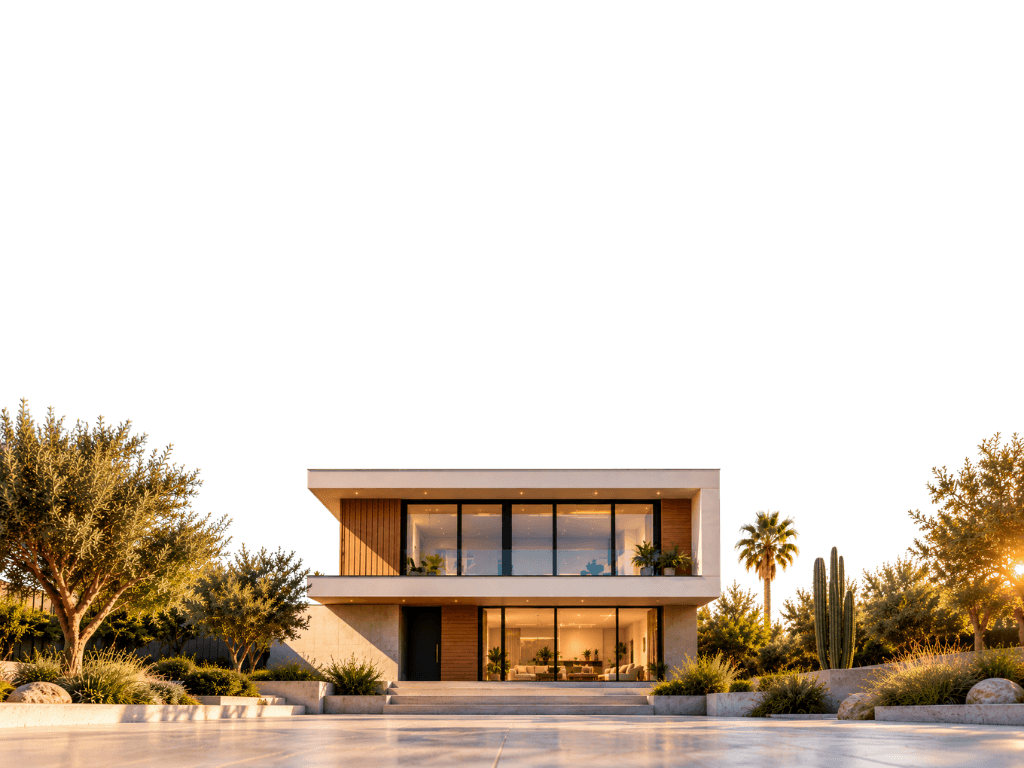 A modern two-storey home with olive trees and a palm in warm evening light