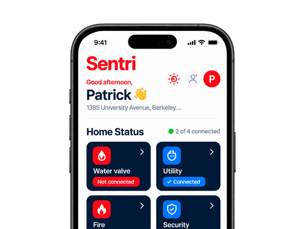 The Sentri app on a phone showing Home Status for the water valve, utility, fire and security