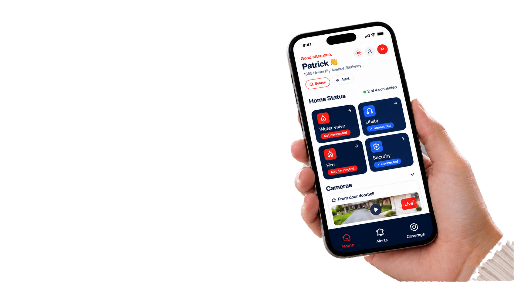 A hand holding a phone showing the Sentri app home screen