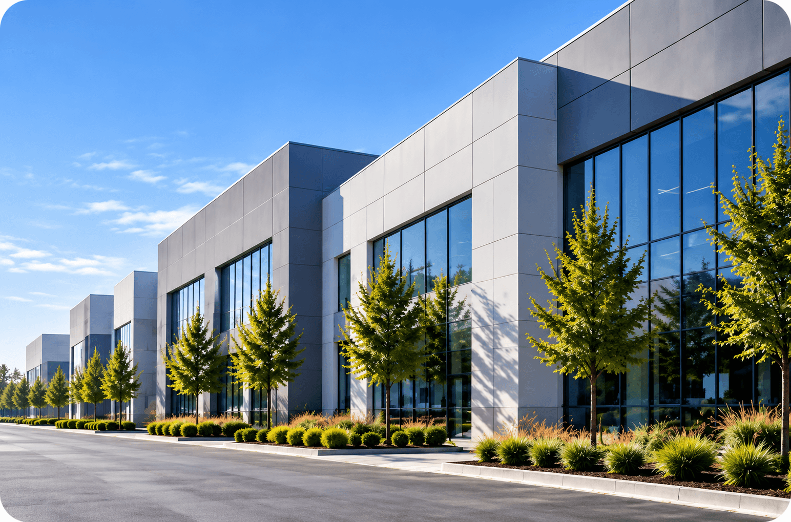 A row of modern commercial buildings with glass facades and landscaped trees under a blue sky