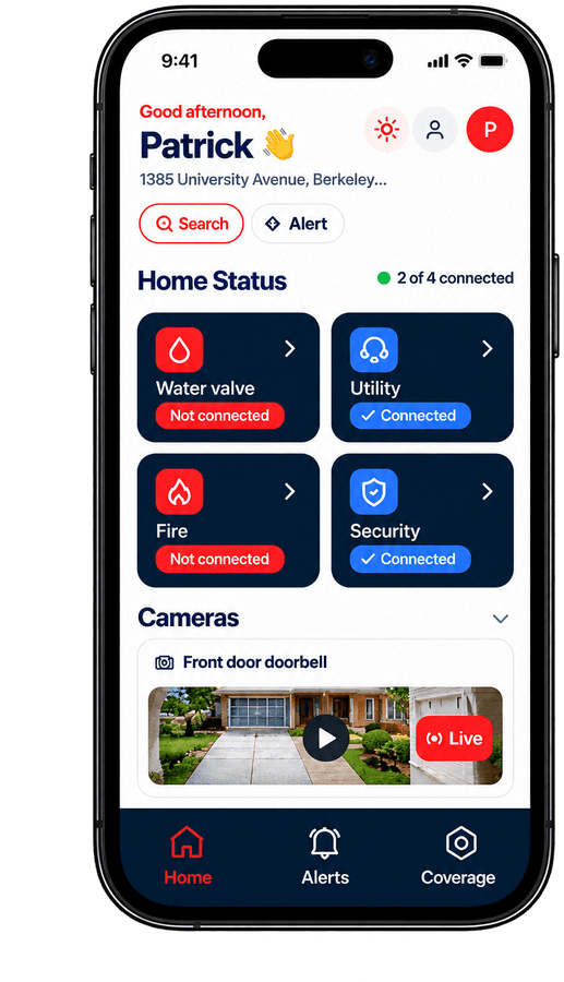 The Sentri app home screen showing home status, connected devices and a front door camera